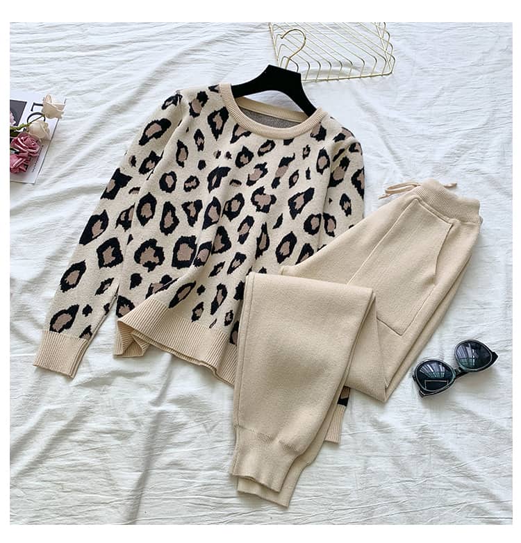 SMTHMA-Conjunto de dos piezas de ropa para mujer, jersey de manga larga con estampado de leopardo y pantalones de cintura elástica, a la moda