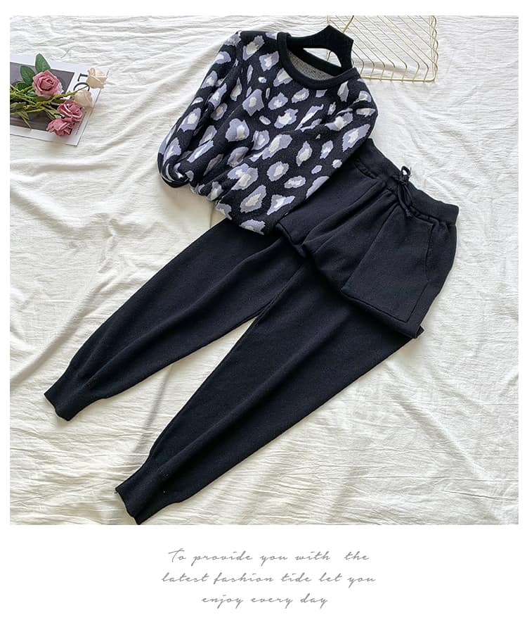 SMTHMA-Conjunto de dos piezas de ropa para mujer, jersey de manga larga con estampado de leopardo y pantalones de cintura elástica, a la moda