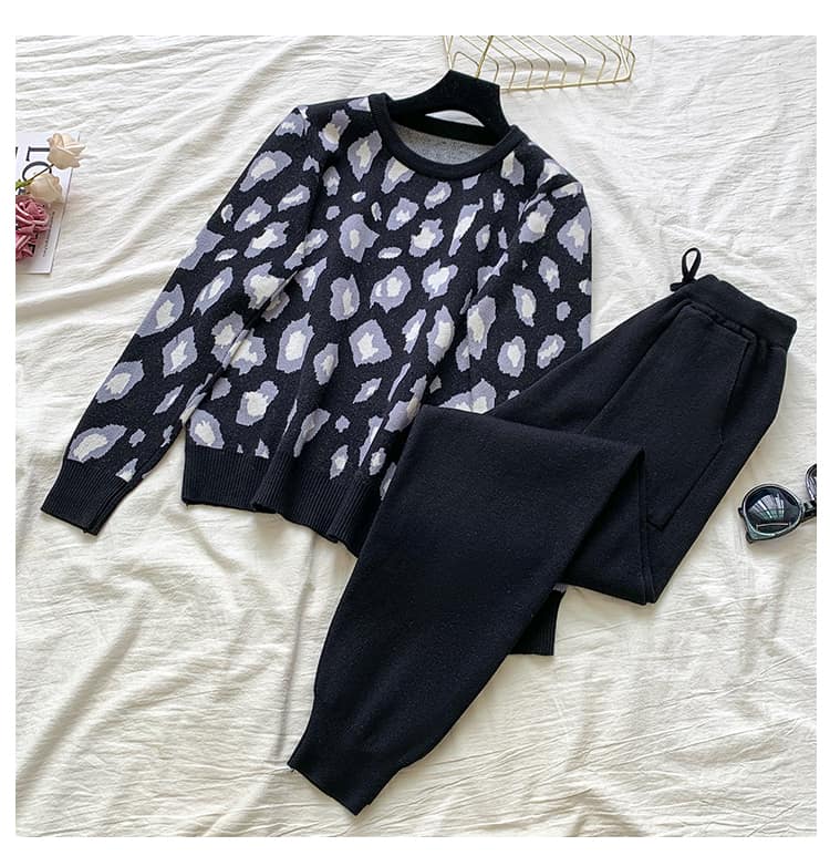SMTHMA-Conjunto de dos piezas de ropa para mujer, jersey de manga larga con estampado de leopardo y pantalones de cintura elástica, a la moda