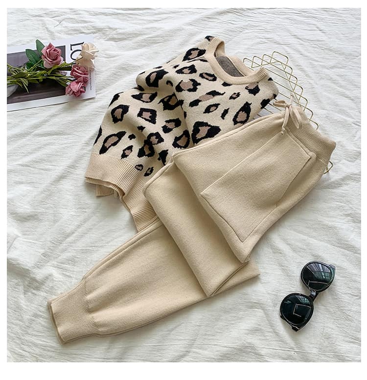 SMTHMA-Conjunto de dos piezas de ropa para mujer, jersey de manga larga con estampado de leopardo y pantalones de cintura elástica, a la moda