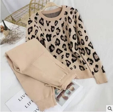 SMTHMA-Conjunto de dos piezas de ropa para mujer, jersey de manga larga con estampado de leopardo y pantalones de cintura elástica, a la moda