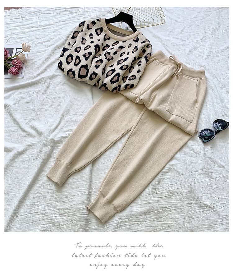 SMTHMA-Conjunto de dos piezas de ropa para mujer, jersey de manga larga con estampado de leopardo y pantalones de cintura elástica, a la moda