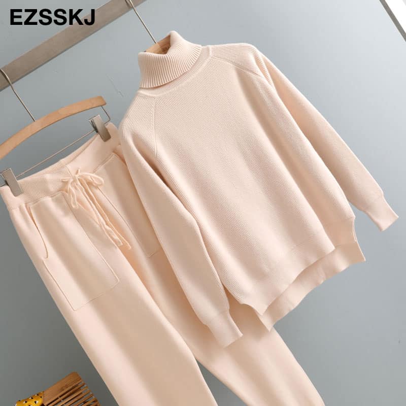 Conjunto de Suéter de Cuello Alto y Pantalones de Correr para Mujer, Chándal de Punto, Jersey, Prendar de Vestir Chic, 2021, 2 Piezas