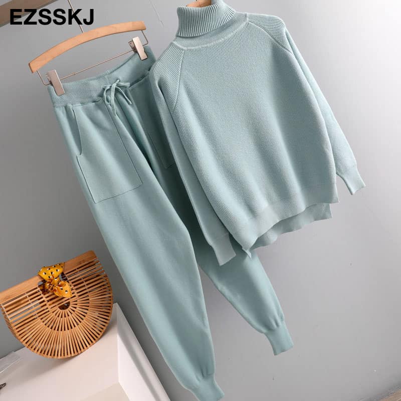 Conjunto de Suéter de Cuello Alto y Pantalones de Correr para Mujer, Chándal de Punto, Jersey, Prendar de Vestir Chic, 2021, 2 Piezas