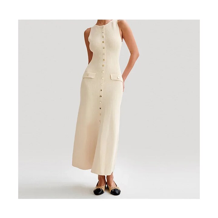 Vestidos largos elegantes de punto con una hilera de botones para mujer, Vestidos lisos sin mangas con cuello redondo y botones, Vestidos ceñidos para fiesta 2024
