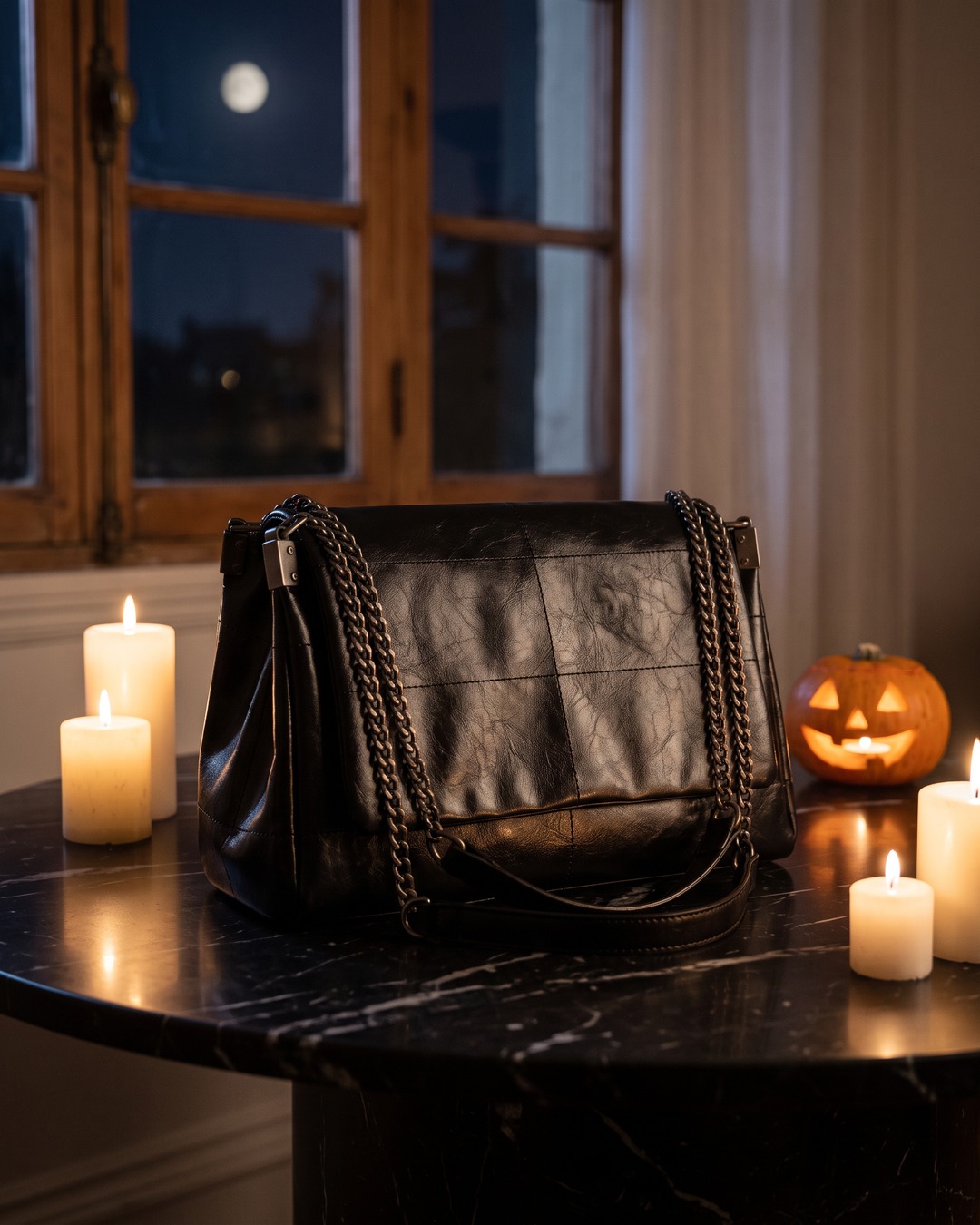 Cartera negra con cadena junto a velas en una noche de Halloween