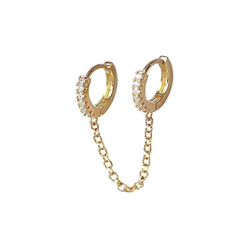 Huitan-pendientes Piercing de dos agujeros para mujer, aretes de cristal brillante de circón, cadena de 3 colores metálicos, pendientes de fiesta joyería