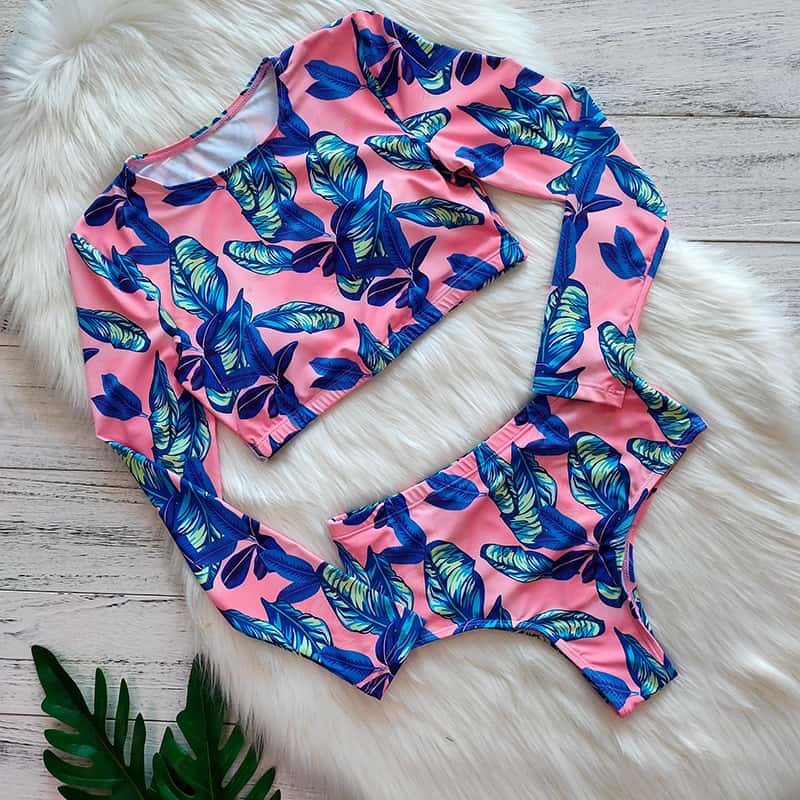 Bikinis de manga larga para mujer, traje de baño Sexy con estampado de hojas verdes, ropa de playa, conjunto de Bikini brasileño para mujer 2021